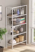 TOLIAHOME Modern 5 Katlı Beyaz Renk Metal İskeletli Cam Raflı Aksesuar Rafı Kitaplık - 2