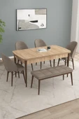 Calvin Meşe Desen 80x132 Açılabilir Mdf Masa Yemek Odası Takımı, Mutfak Takımı 4 Sandalye, 1 Bench Cappuccino - 1