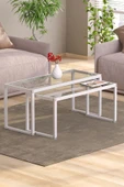 TOLIAHOME Modern Beyaz Renk 2’li Metal Iskeletli Temper Camlı Zigon Orta Sehpa - 1