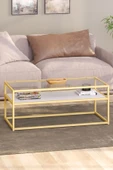 TOLIAHOME Modern Beyaz Gold Renk Metal Iskeletli Temper Camlı 2 Katlı Dikdörtgen Orta Sehpa - 1