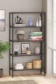 TOLIAHOME Modern 5 Katlı Siyah Renk Metal İskeletli Cam Raflı Aksesuar Rafı Kitaplık - 1