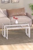 TOLIAHOME Modern Beyaz Renk 2’li Metal Iskeletli Temper Camlı Zigon Orta Sehpa - 2