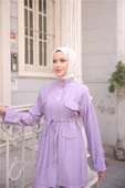 Balıkçı Yaka Belden Lastikli Cepli Metal Düğme Detaylı İkili Tesettür Eşofman Takımı - (38-46) - 71292 - Koyu Lila thumbnail 3