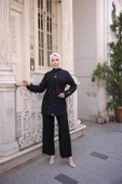 Balıkçı Yaka Belden Lastikli Cepli Metal Düğme Detaylı İkili Tesettür Eşofman Takımı - (38-46) - 71292 - Siyah thumbnail 2