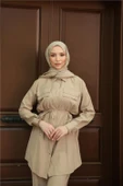 Gömlek Yaka Belden Bağcıklı Kısa Tunik İkili Tesettür Eşofman Takımı - (38-46) - 71299 - Bej thumbnail 4