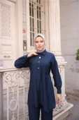 Gömlek Yaka Belden Yarı Bağcıklı Cepli Metal Düğme Detaylı İkili Tesettür Eşofman Takımı - (38-46) - 71293 - Lacivert thumbnail 5