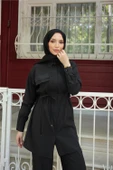 Gömlek Yaka Belden Bağcıklı Kısa Tunik İkili Tesettür Eşofman Takımı - (38-46) - 71299 - Siyah thumbnail 4