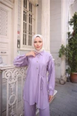 Gömlek Yaka Belden Yarı Bağcıklı Cepli Metal Düğme Detaylı İkili Tesettür Eşofman Takımı - (38-46) - 71293 - Koyu Lila thumbnail 4
