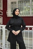Gömlek Yaka Belden Bağcıklı Kısa Tunik İkili Tesettür Eşofman Takımı - (38-46) - 71299 - Siyah thumbnail 5
