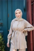 Belden Bağcıklı Büzgülü Kısa Tunik İkili Tesettür Eşofman Takımı - (38-46) - 71298 - Bej - 4