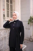 Gömlek Yaka Belden Yarı Bağcıklı Cepli Metal Düğme Detaylı İkili Tesettür Eşofman Takımı - (38-46) - 71293 - Siyah thumbnail 4
