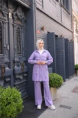 Fermuarlı Kapşonlu Cepli Kısa İkili Tesettür Eşofman Takımı - (38-46) - 71280 - Lila thumbnail 2