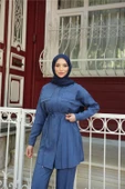 Gömlek Yaka Belden Bağcıklı Kısa Tunik İkili Tesettür Eşofman Takımı - (38-46) - 71299 - İndigo thumbnail 5