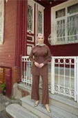 Gömlek Yaka Belden Bağcıklı Kısa Tunik İkili Tesettür Eşofman Takımı - (38-46) - 71299 - Kahverengi thumbnail 3