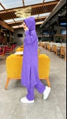 Uzun Tunik Kapşonlu Kenardan Yırtmaçlı İkili Spor Takım - 03034-1.207 - Koyu Lila thumbnail 4