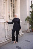Balıkçı Yaka Belden Lastikli Cepli Metal Düğme Detaylı İkili Tesettür Eşofman Takımı - (38-46) - 71292 - Siyah thumbnail 4