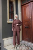 Belden Bağcıklı Büzgülü Kısa Tunik İkili Tesettür Eşofman Takımı - (38-46) - 71298 - Kahverengi thumbnail 1