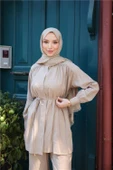 Belden Bağcıklı Büzgülü Kısa Tunik İkili Tesettür Eşofman Takımı - (38-46) - 71298 - Bej - 5
