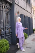 Fermuarlı Kapşonlu Cepli Kısa İkili Tesettür Eşofman Takımı - (38-46) - 71280 - Lila thumbnail 3