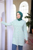 O Yaka Yatay Çizgili Uzun Kollu Kısa Yırtmaçlı Tunik - (38-46) - 71295 - Koyu Yeşil thumbnail 5