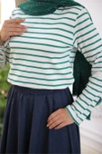 O Yaka Yatay Çizgili Uzun Kollu Kısa Yırtmaçlı Kısa Tunik - (38-46) - 71296 - Koyu Yeşil thumbnail 6