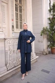 Balıkçı Yaka Belden Lastikli Cepli Metal Düğme Detaylı İkili Tesettür Eşofman Takımı - (38-46) - 71292 - Lacivert thumbnail 1