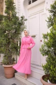 Gömlek Yaka Büzgülü, Bağcıklı Kısa Tunik Dökümlü Etek Takımı - (38-46) - 71291 - Fuşya thumbnail 2