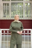 Gömlek Yaka Belden Bağcıklı Kısa Tunik İkili Tesettür Eşofman Takımı - (38-46) - 71299 - Haki thumbnail 4