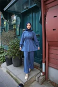 Belden Bağcıklı Büzgülü Kısa Tunik İkili Tesettür Eşofman Takımı - (38-46) - 71298 - İndigo thumbnail 1