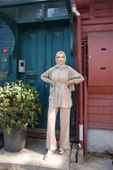 Belden Bağcıklı Büzgülü Kısa Tunik İkili Tesettür Eşofman Takımı - (38-46) - 71298 - Bej - 3
