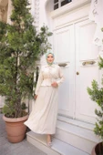 Gömlek Yaka Büzgülü, Bağcıklı Kısa Tunik Dökümlü Etek Takımı - (38-46) - 71291 - Bej - 2
