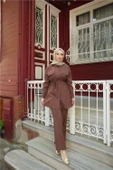 Gömlek Yaka Belden Bağcıklı Kısa Tunik İkili Tesettür Eşofman Takımı - (38-46) - 71299 - Kahverengi thumbnail 1