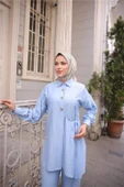 Gömlek Yaka Belden Yarı Bağcıklı Cepli Metal Düğme Detaylı İkili Tesettür Eşofman Takımı - (38-46) - 71293 - İndigo - 3