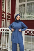 Gömlek Yaka Belden Bağcıklı Kısa Tunik İkili Tesettür Eşofman Takımı - (38-46) - 71299 - İndigo thumbnail 4