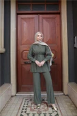 Belden Bağcıklı Büzgülü Kısa Tunik İkili Tesettür Eşofman Takımı - (38-46) - 71298 - Haki - 2