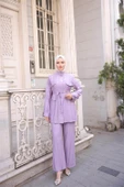 Balıkçı Yaka Belden Lastikli Cepli Metal Düğme Detaylı İkili Tesettür Eşofman Takımı - (38-46) - 71292 - Koyu Lila thumbnail 1