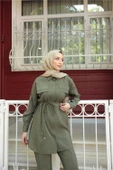 Gömlek Yaka Belden Bağcıklı Kısa Tunik İkili Tesettür Eşofman Takımı - (38-46) - 71299 - Haki thumbnail 5