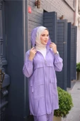 Fermuarlı Kapşonlu Cepli Kısa İkili Tesettür Eşofman Takımı - (38-46) - 71280 - Lila thumbnail 5