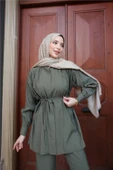 Belden Bağcıklı Büzgülü Kısa Tunik İkili Tesettür Eşofman Takımı - (38-46) - 71298 - Haki - 5