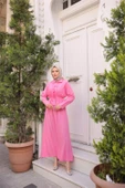 Gömlek Yaka Büzgülü, Bağcıklı Kısa Tunik Dökümlü Etek Takımı - (38-46) - 71291 - Fuşya thumbnail 3