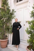 Gömlek Yaka Büzgülü, Bağcıklı Kısa Tunik Dökümlü Etek Takımı - (38-46) - 71291 - Siyah - 1