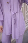 Gömlek Yaka Belden Yarı Bağcıklı Cepli Metal Düğme Detaylı İkili Tesettür Eşofman Takımı - (38-46) - 71293 - Koyu Lila thumbnail 6
