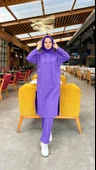Uzun Tunik Kapşonlu Kenardan Yırtmaçlı İkili Spor Takım - 03034-1.207 - Koyu Lila thumbnail 3