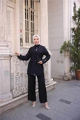 Balıkçı Yaka Belden Lastikli Cepli Metal Düğme Detaylı İkili Tesettür Eşofman Takımı - (38-46) - 71292 - Siyah thumbnail 1