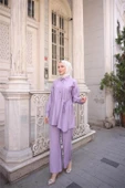 Gömlek Yaka Belden Yarı Bağcıklı Cepli Metal Düğme Detaylı İkili Tesettür Eşofman Takımı - (38-46) - 71293 - Koyu Lila thumbnail 3