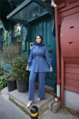Belden Bağcıklı Büzgülü Kısa Tunik İkili Tesettür Eşofman Takımı - (38-46) - 71298 - İndigo thumbnail 2