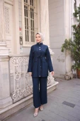 Balıkçı Yaka Belden Lastikli Cepli Metal Düğme Detaylı İkili Tesettür Eşofman Takımı - (38-46) - 71292 - Lacivert thumbnail 2