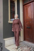 Belden Bağcıklı Büzgülü Kısa Tunik İkili Tesettür Eşofman Takımı - (38-46) - 71298 - Kahverengi thumbnail 2