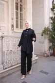 Gömlek Yaka Belden Yarı Bağcıklı Cepli Metal Düğme Detaylı İkili Tesettür Eşofman Takımı - (38-46) - 71293 - Siyah thumbnail 3