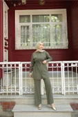 Gömlek Yaka Belden Bağcıklı Kısa Tunik İkili Tesettür Eşofman Takımı - (38-46) - 71299 - Haki thumbnail 3